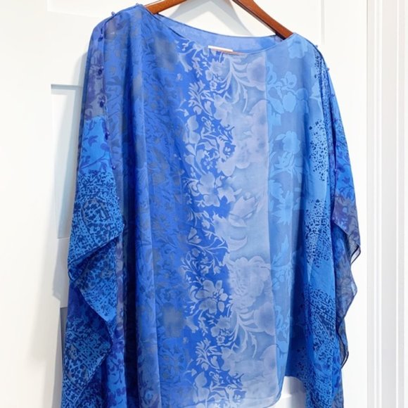 Soft Surroundings S/M Blue Poncho Tunic Blouse Over Attached Tank - Picture 2 of 9